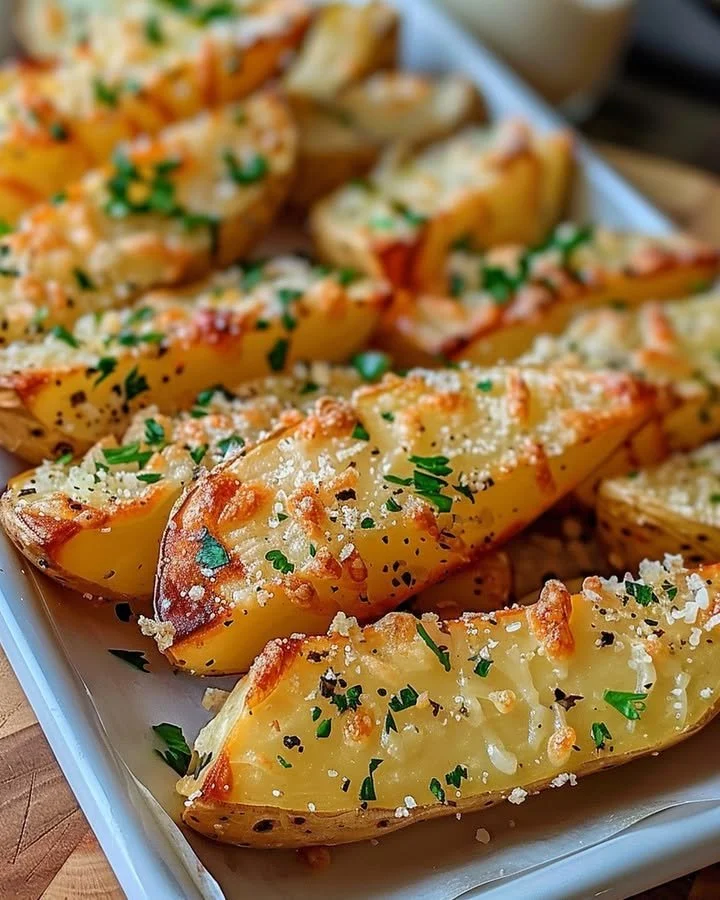 Baked garlic Parmesan potato wedges served on a plate