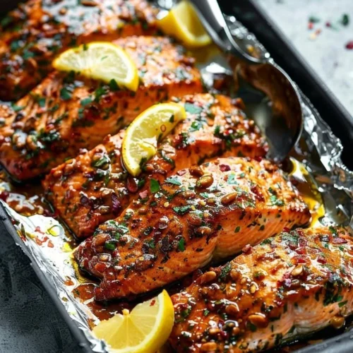 Baked honey garlic salmon garnished with herbs on a white plate.