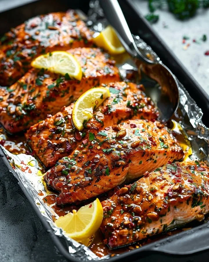 Baked honey garlic salmon garnished with herbs on a white plate.