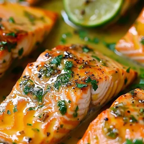 Baked honey lime garlic butter salmon plated with fresh herbs
