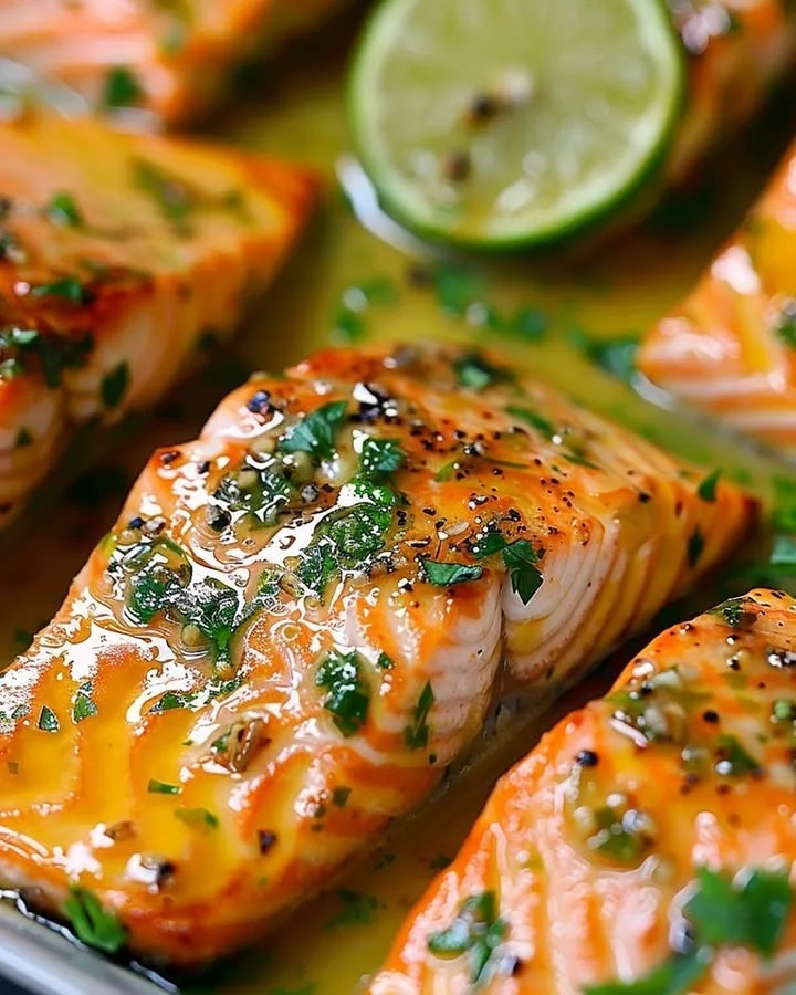 Baked honey lime garlic butter salmon plated with fresh herbs