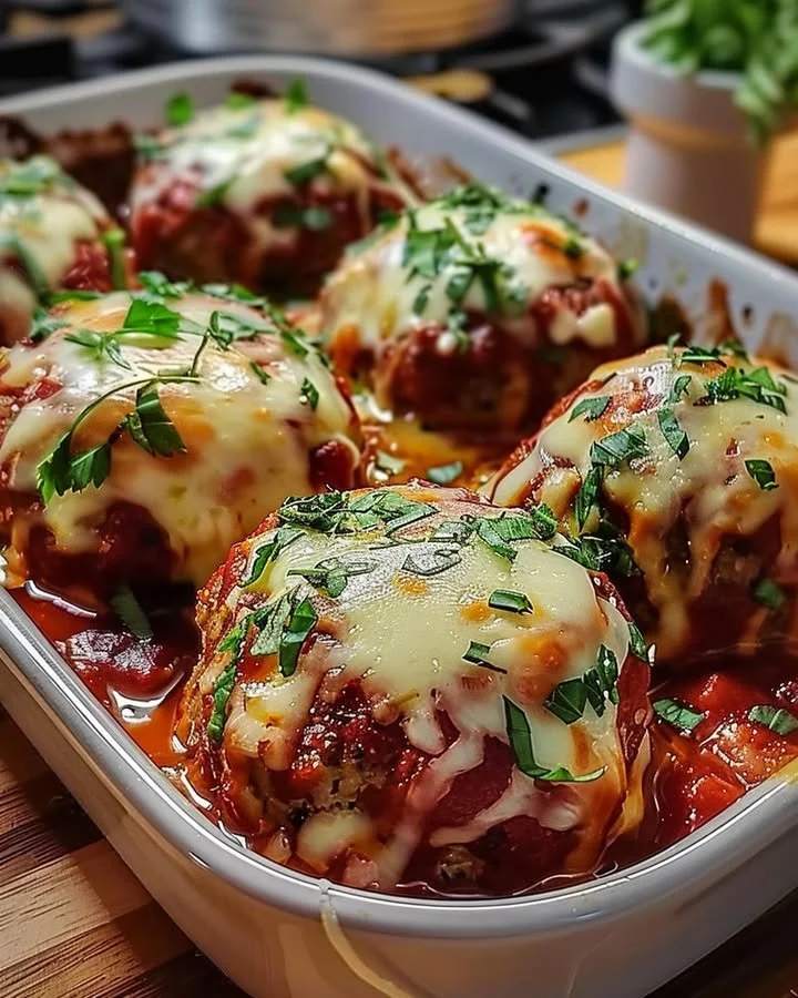 Baked mozzarella stuffed meatballs fresh out of the oven