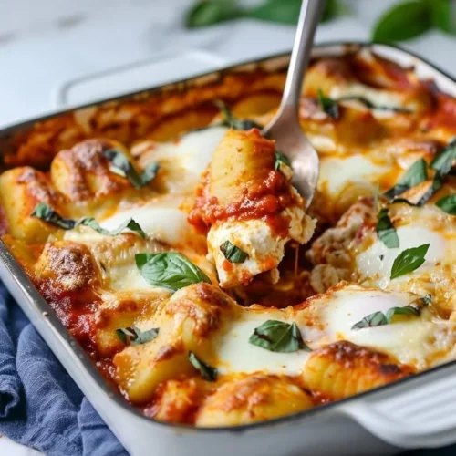 Baked ricotta gnocchi served in a cheesy tomato sauce
