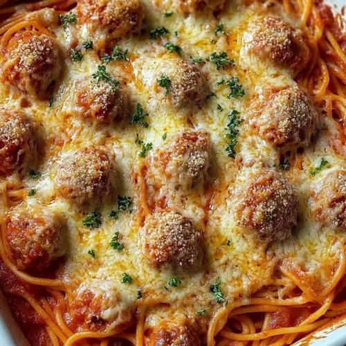 Baked spaghetti meatballs served in a dish with cheese on top