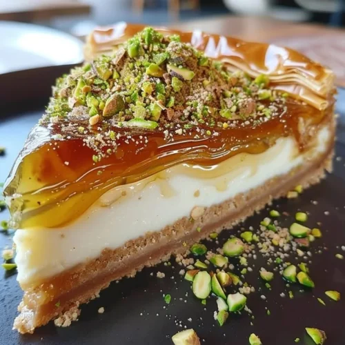 Delicious Baklava Cheesecake topped with nuts and honey syrup.