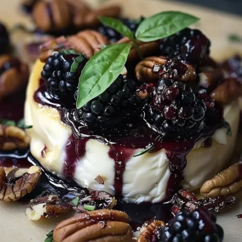 Balsamic glazed brie with blackberries, basil, and candied pecans served on a platter