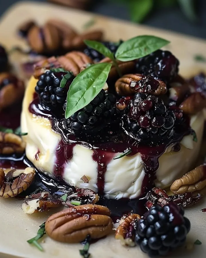 Balsamic glazed brie with blackberries, basil, and candied pecans served on a platter