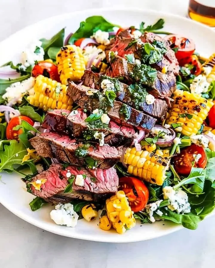 Balsamic steak salad topped with gorgonzola cheese and grilled corn.