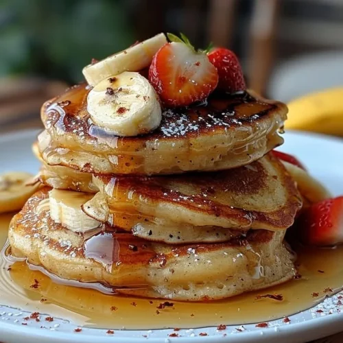 Fluffy banana pancakes stacked and topped with fresh bananas and syrup