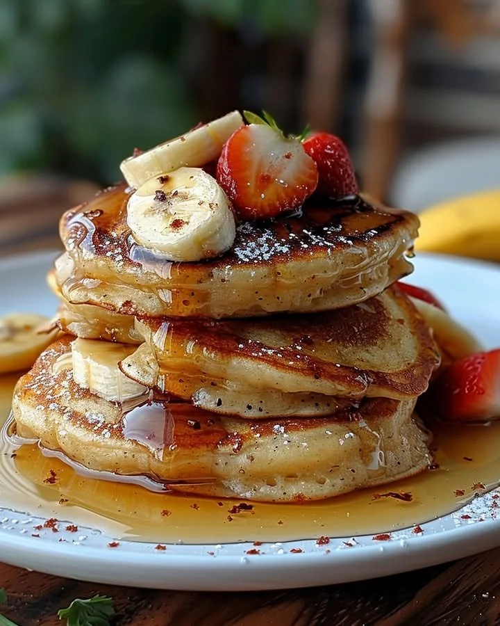 Fluffy banana pancakes stacked and topped with fresh bananas and syrup