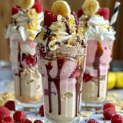 Delicious Banana Split Milkshake topped with whipped cream and cherries.
