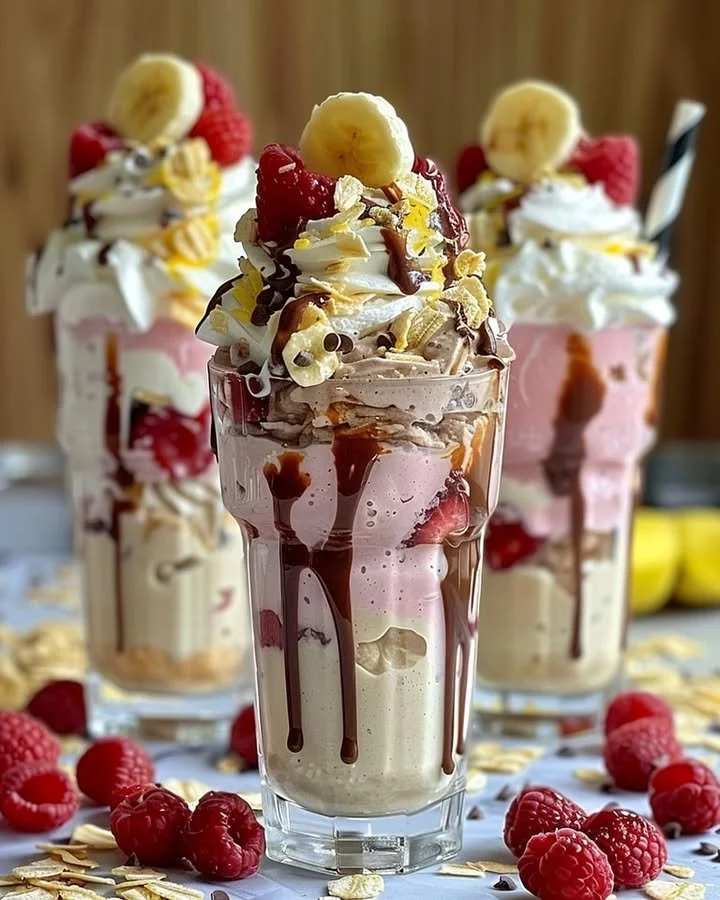 Delicious Banana Split Milkshake topped with whipped cream and cherries.
