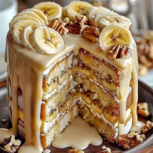 Delicious Banana Walnut Cake with nuts and banana slices on a plate