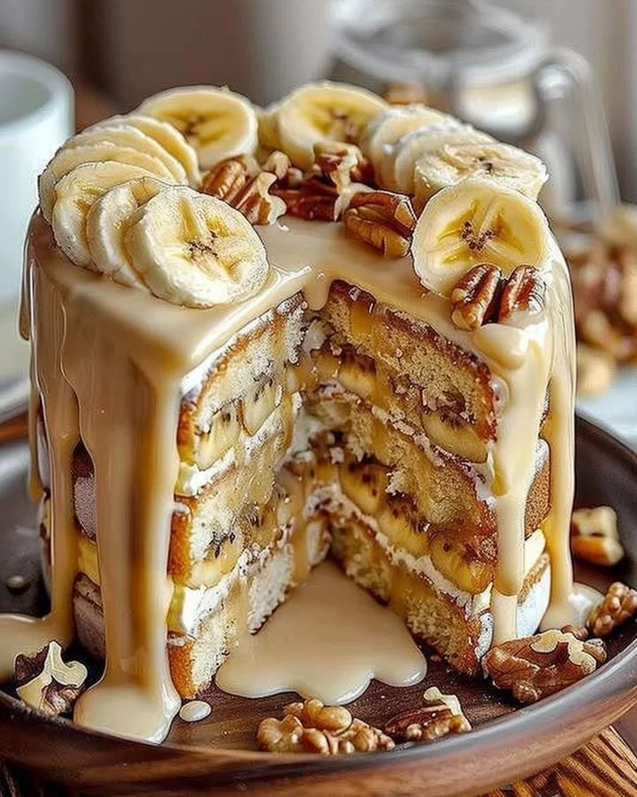 Delicious Banana Walnut Cake with nuts and banana slices on a plate