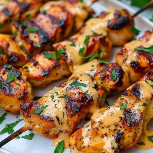Delicious Bang Bang Chicken Kebabs on a plate, garnished with herbs.