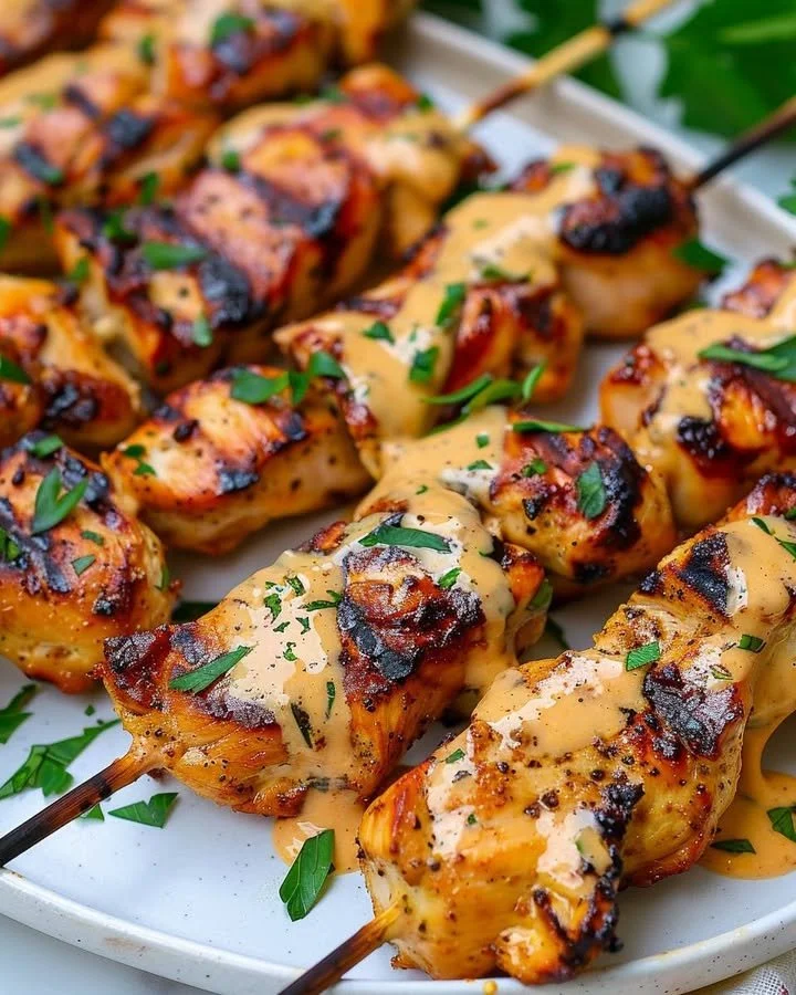Delicious Bang Bang Chicken Kebabs on a plate, garnished with herbs.