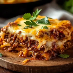 Delicious Beef Enchilada Casserole served in a rustic dish