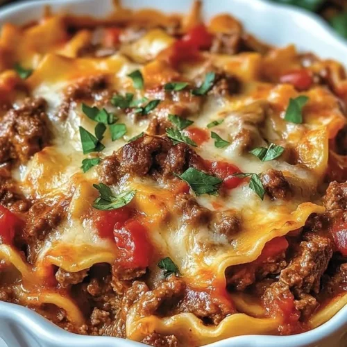 Delicious Beef Lombardi Casserole topped with melted cheese and fresh herbs