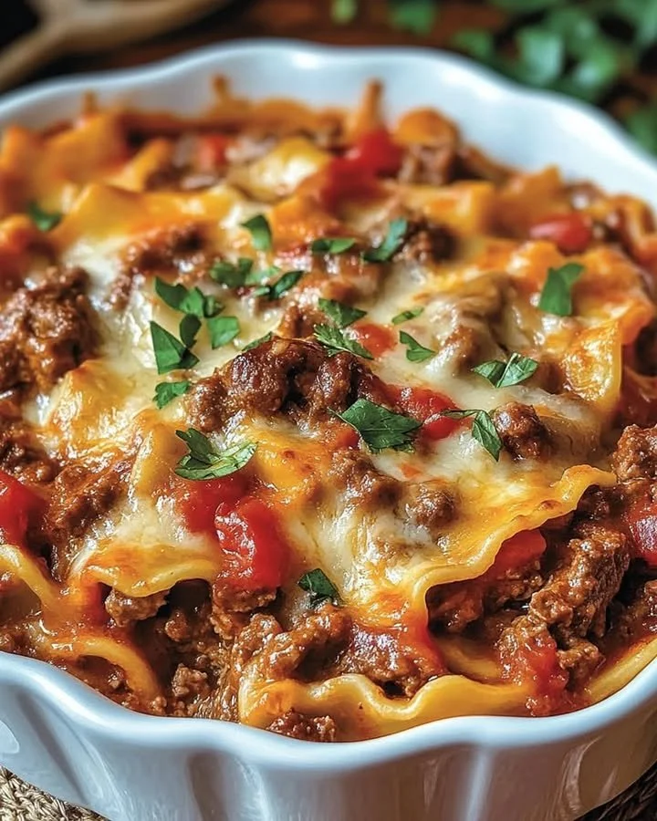 Delicious Beef Lombardi Casserole topped with melted cheese and fresh herbs