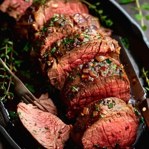 Juicy beef tenderloin with savory pan sauce on a plate