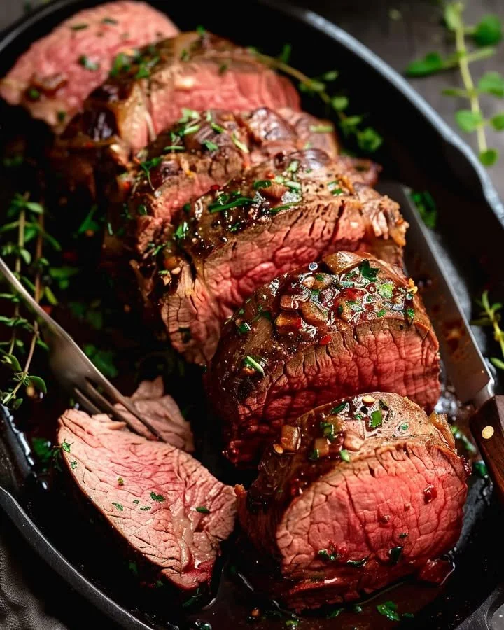 Juicy beef tenderloin with savory pan sauce on a plate