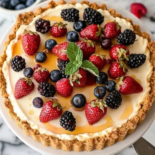 Berry Cottage Cheese Cheesecake topped with fresh berries
