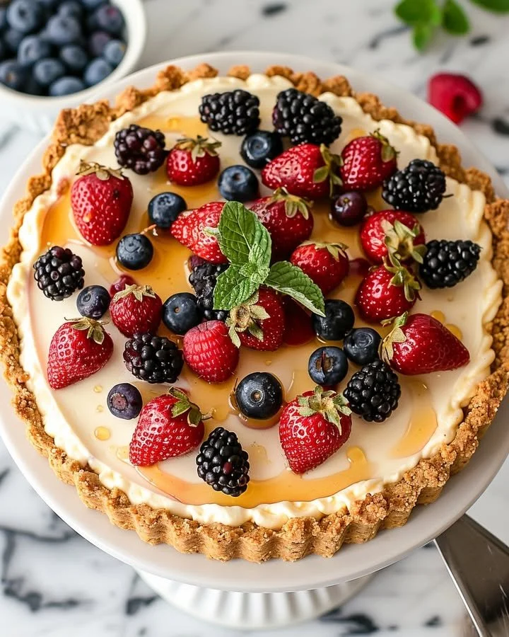 Berry Cottage Cheese Cheesecake topped with fresh berries