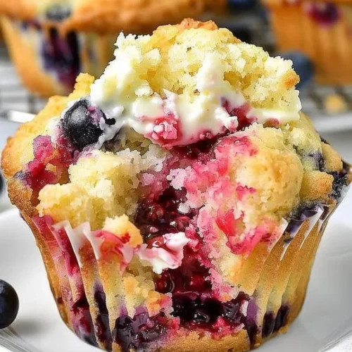 Freshly baked Berry Cream Cheese Muffins with vibrant berries and cream cheese filling.