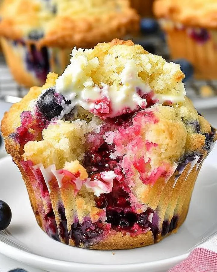 Freshly baked Berry Cream Cheese Muffins with vibrant berries and cream cheese filling.