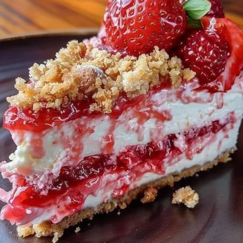Berrylicious Strawberry Crunch Cheesecake with fresh strawberries and crunchy topping