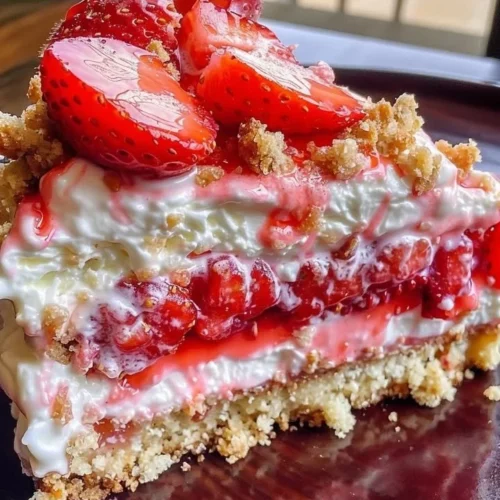 Berrylicious Strawberry Crunch Cheesecake topped with fresh strawberries and crunchy crust