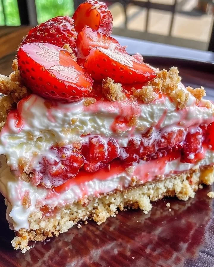 Berrylicious Strawberry Crunch Cheesecake topped with fresh strawberries and crunchy crust