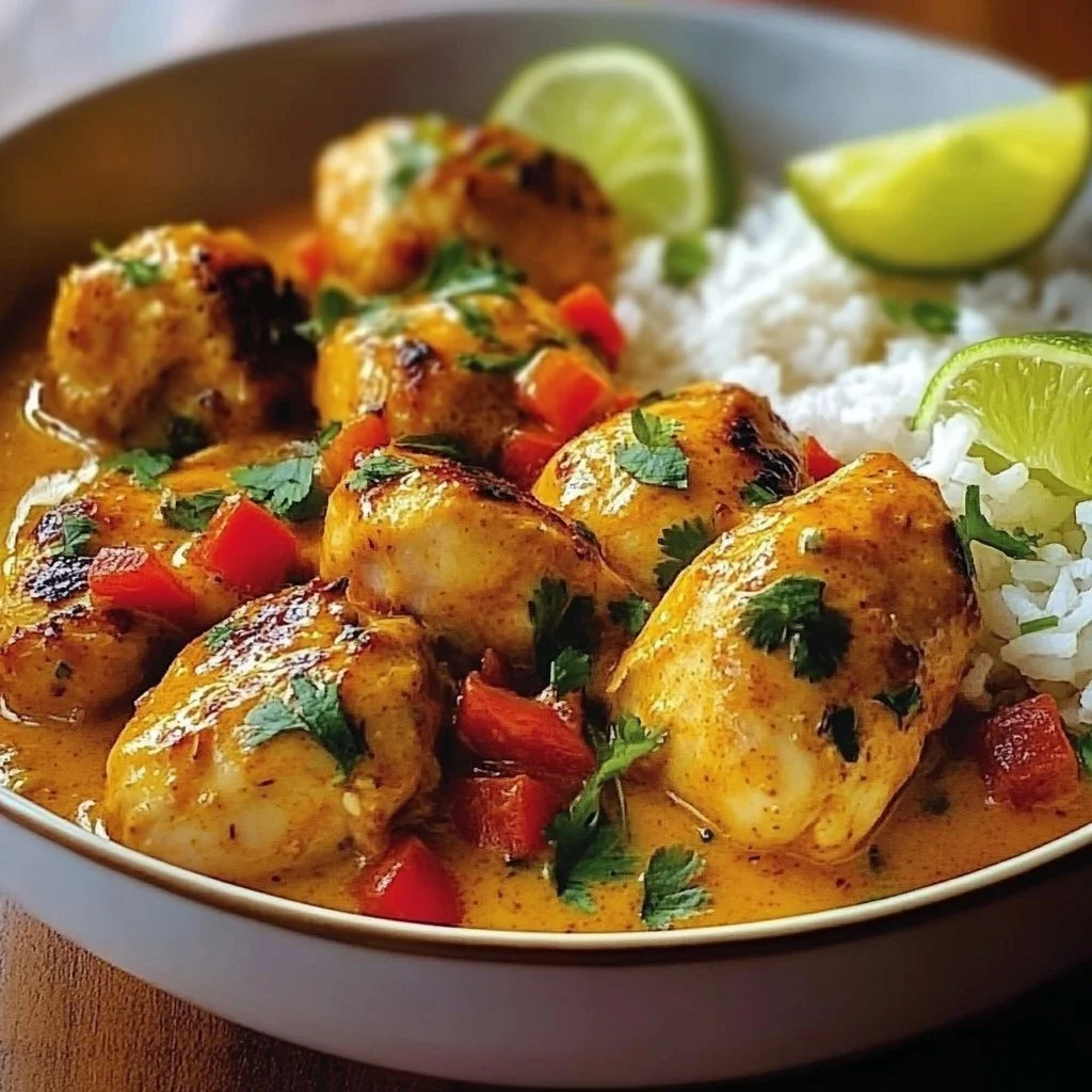 Plate of Brazilian Coconut Chicken garnished with herbs and served with rice.