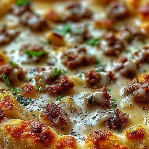 Biscuits and Sausage Gravy Breakfast Pizza topped with savory sausage and gravy