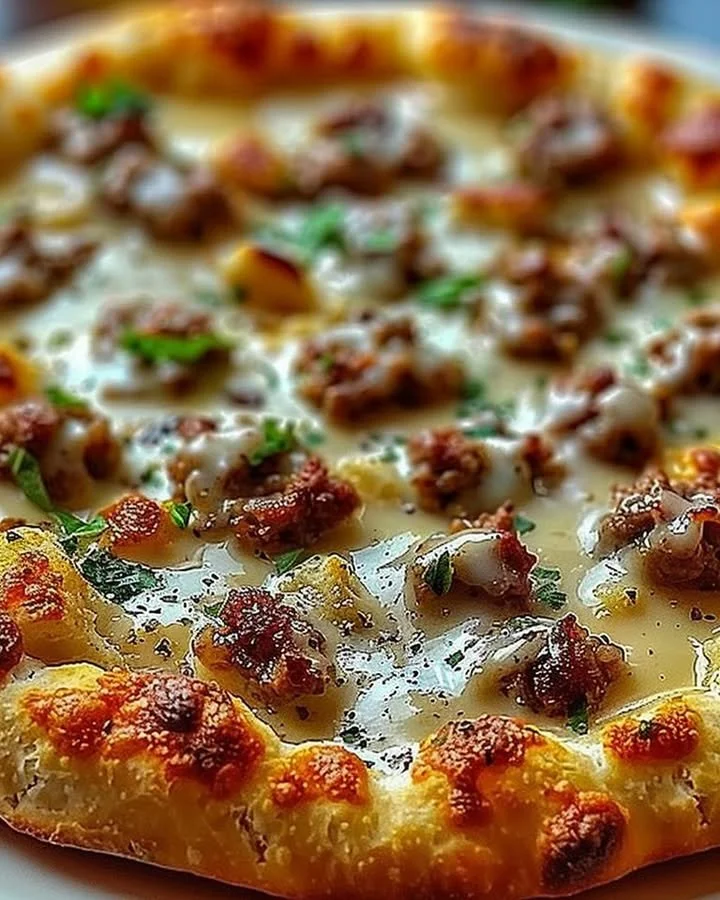 Biscuits and Sausage Gravy Breakfast Pizza topped with savory sausage and gravy