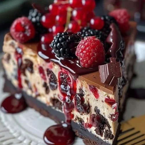 Delicious Black Forest Cheesecake topped with cherries and chocolate shavings