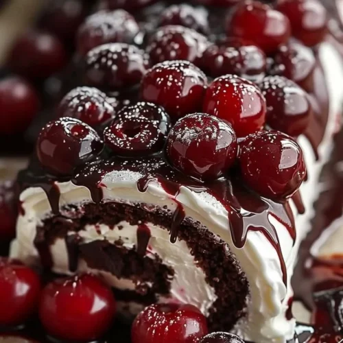 Delicious Black Forest Swiss Roll filled with cherries and chocolate