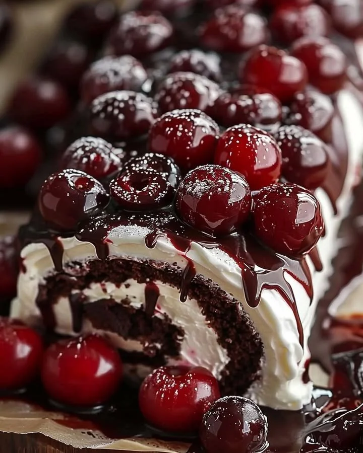 Delicious Black Forest Swiss Roll filled with cherries and chocolate