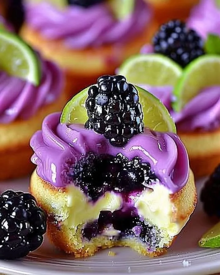 Blackberry lime cheesecake cupcakes topped with fresh blackberries.