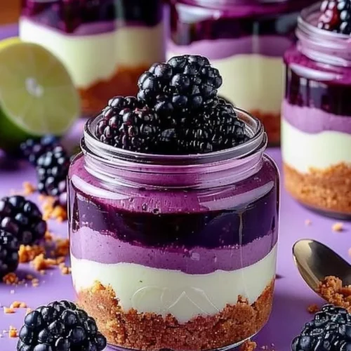 Blackberry Lime Cheesecake Jars with layers of cheesecake and fresh blackberries