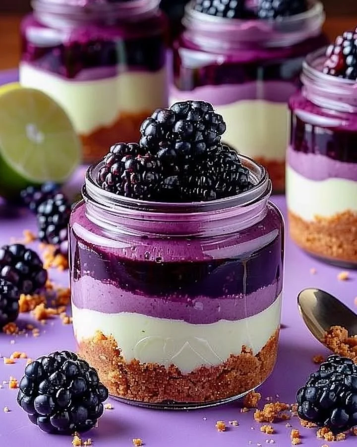 Blackberry Lime Cheesecake Jars with layers of cheesecake and fresh blackberries
