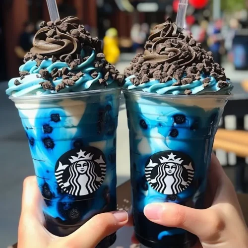 Delicious Blue Cookies & Cream Dip Frappuccino topped with whipped cream.