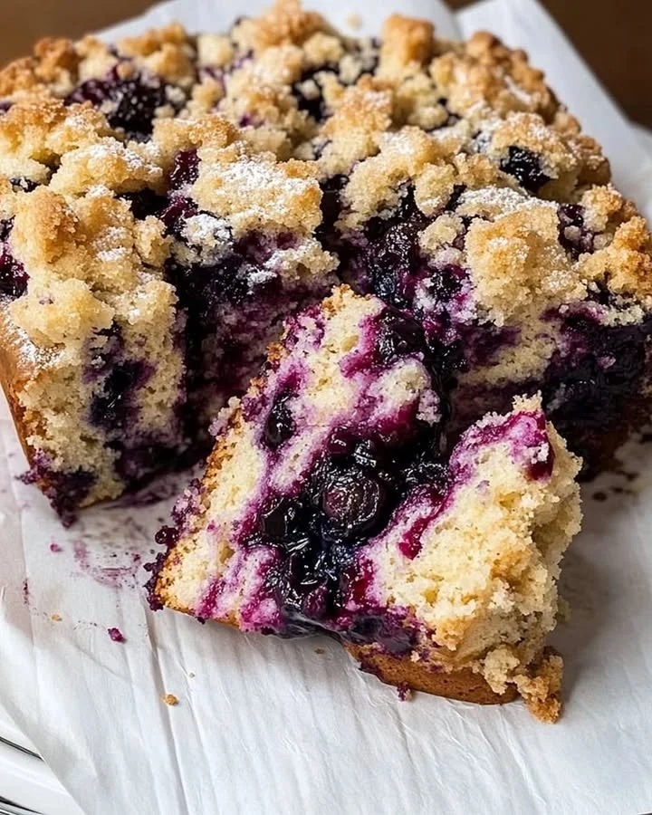 Delicious blueberry brioche crumb cake with fresh blueberries on top.