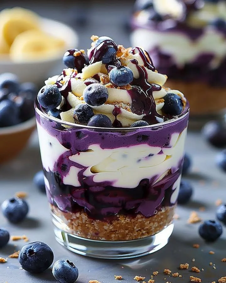 Blueberry cheesecake parfait with layers of cheesecake and blueberries