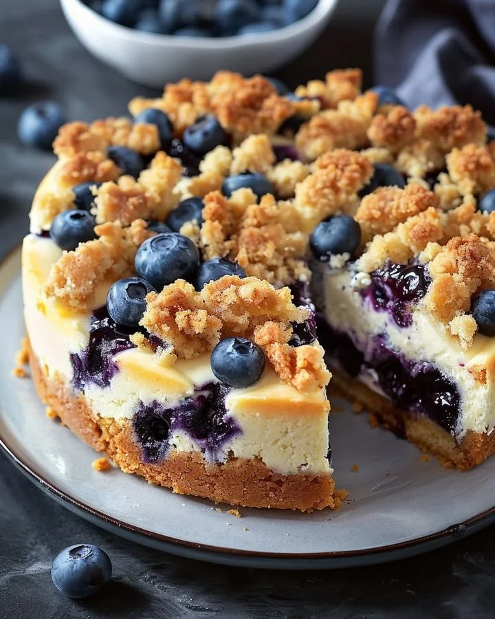 Blueberry cream cheese coffee cake with fresh blueberries and creamy frosting