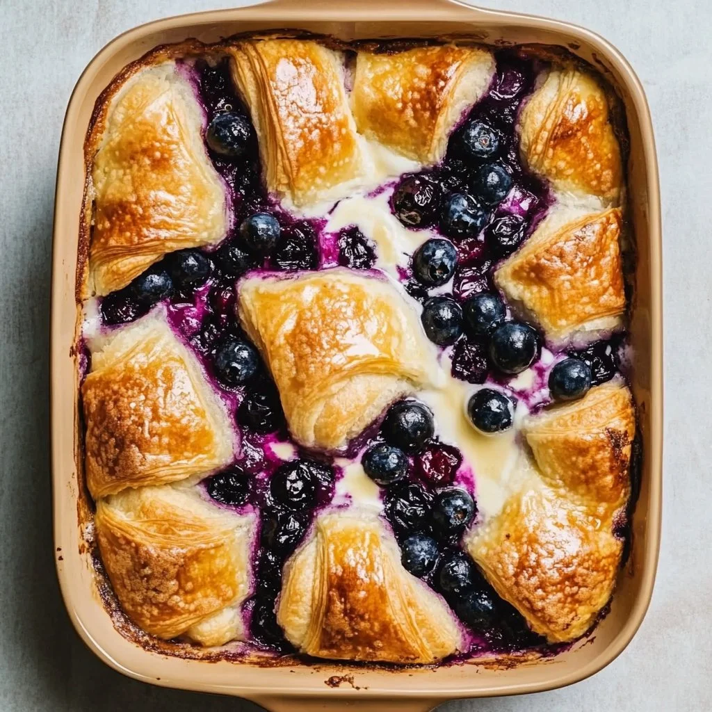 Delicious blueberry cream cheese croissant casserole fresh out of the oven.