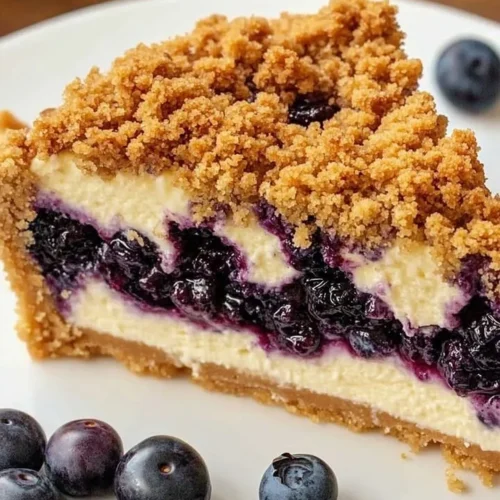 Blueberry crumble cheesecake topped with crunchy crumble and fresh blueberries