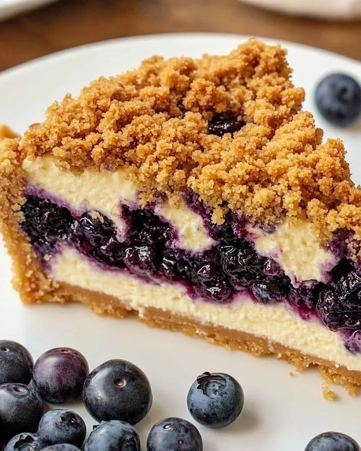 Blueberry crumble cheesecake topped with crunchy crumble and fresh blueberries
