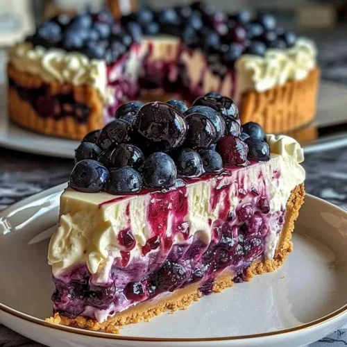 Delicious blueberry swirl cheesecake with rich cream cheese and fresh blueberries