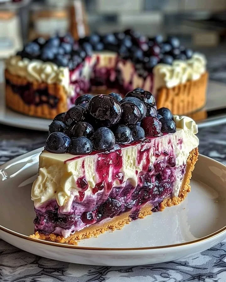 Delicious blueberry swirl cheesecake with rich cream cheese and fresh blueberries